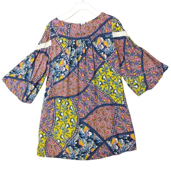 ENTRO Women Tunic Dress SZ M Patchwork Floral Lace Flare Pleated 3/4 Sleeve Boho - Picture 2 of 9